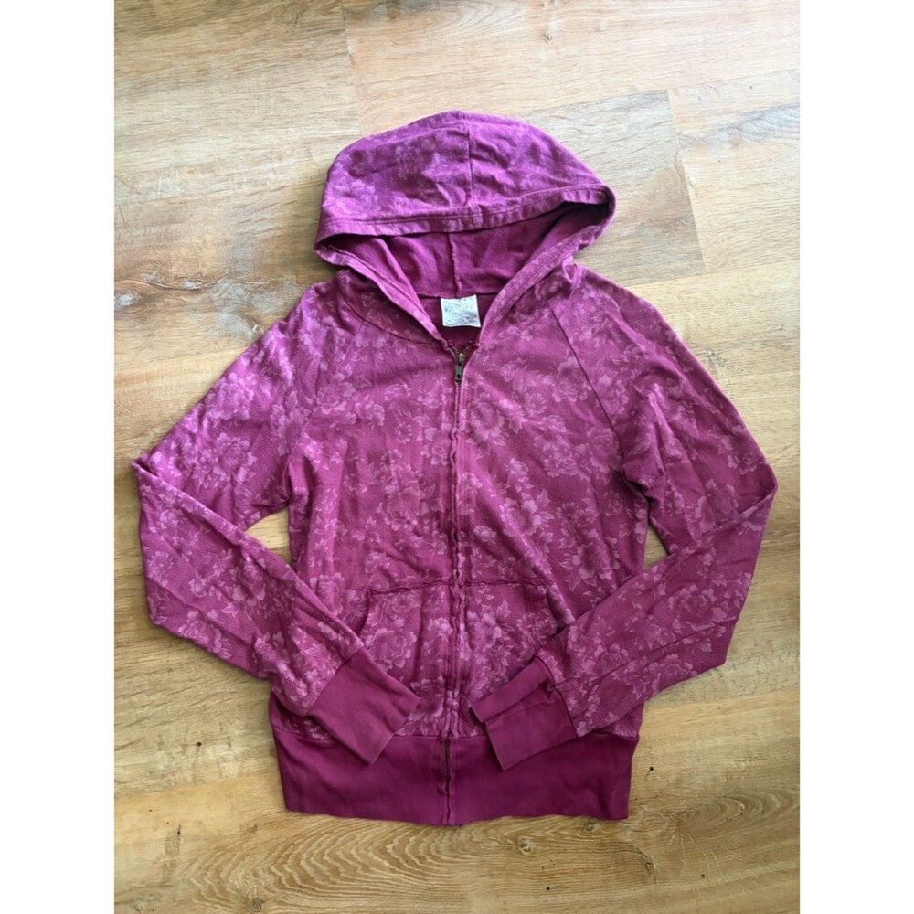 Y2K Scrapbook Magenta Pink Floral Lace Pattern Heart Patch Zip Cotton Hoodie